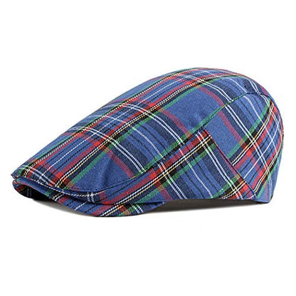 Gudessly Mens Adjustable Colorful Striped Plaid Ivy Newsboy Cabbie Gatsby Golf Cap Flat Cotton Hat Thin Cap - color: T-blue