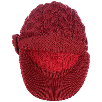 BYOS Womens Winter Chic Cable Warm Fleece Lined Crochet Knit Hat W/Visor Newsboy Cabbie Cap - color: Cable W/ Flower Red