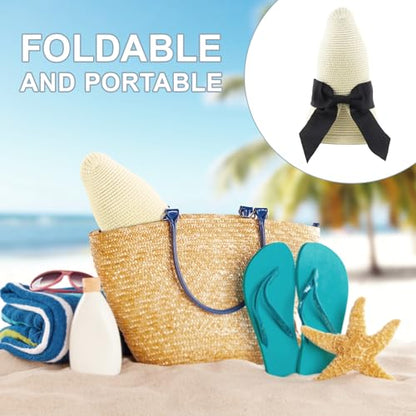 DRESHOW Sun Hats for Women Travel Fedora Foldable Beach Sun Hat Summer Wide Brim Straw Bucket Hat with Bowknot UPF 50+ - color: 1 Pack Bowknot Straw Hat: Ivory White