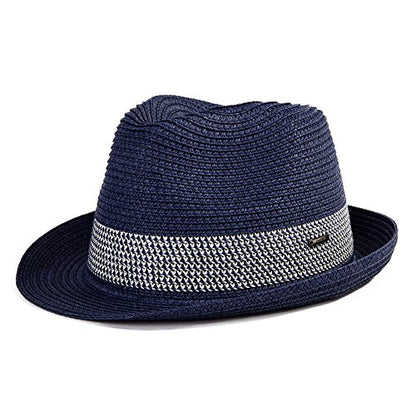 Fancet Packable Straw Fedora Panama Sun Summer Beach Hat Cuban Trilby Men Women 56-67cm - color: Navy, size: Medium