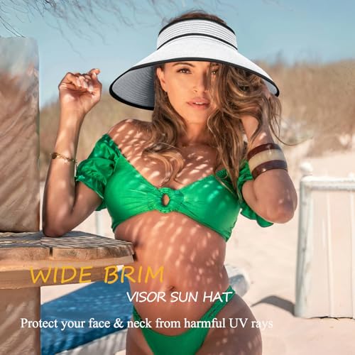 Women's Sun Visor Hats Wide Brim Straw Beach Hat Ponytail Hats for Women Foldable Floppy - color: 1pack-white/Black