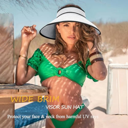 Women's Sun Visor Hats Wide Brim Straw Beach Hat Ponytail Hats for Women Foldable Floppy - color: 1pack-white/Black