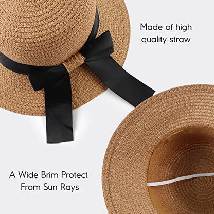 Zsedrut Women,Little Girls Straw Sun Hat Summer Beach Cap Foldable Visor Floppy Hats Wide Brim with Bowknot - color: Khaki, size: One Size
