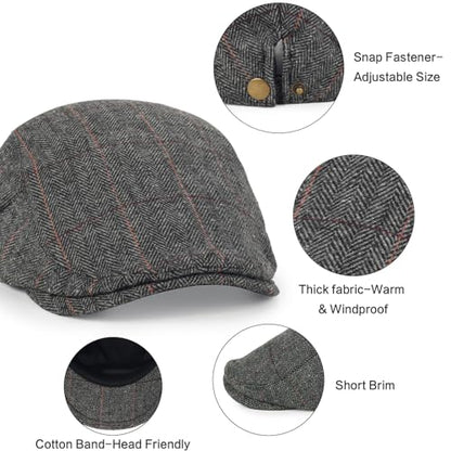 3Pcs Cotton Newsboy Hat for Men Cool Adjustable Flat Cap - color: Plaid-lightgrey+darkgrey+brown