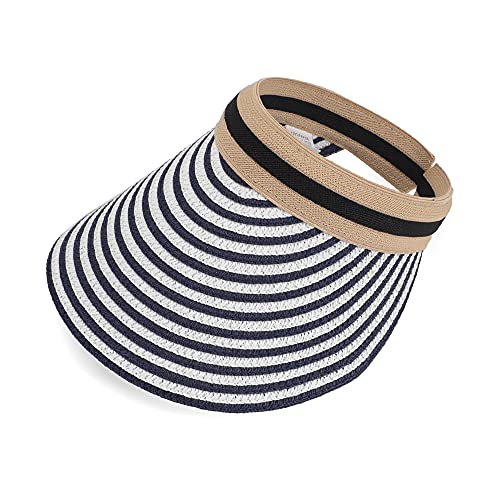 Women Summer Sun Hat Lady's Portable Beach Visor Bowknot Straw Hat - color: Navy Stripe