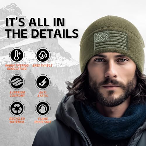 OUTDOOR SHAPING American Flag Fleece Beanie with Embroidered Patch Hat - color: Army Olive