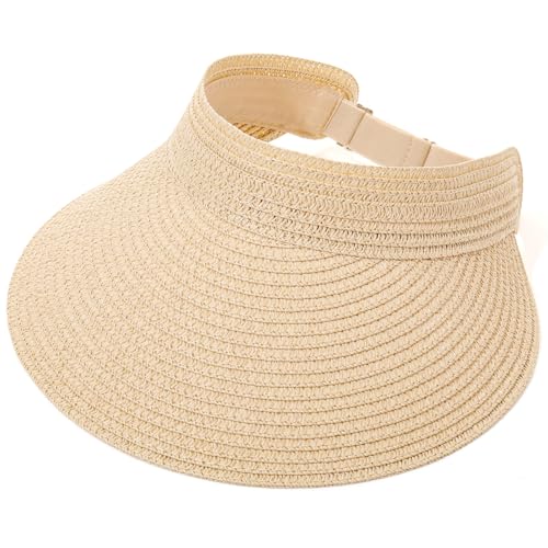 Chicingyou Sun Visor Hat for Women Wide Brim Straw Visors Beach Hat Ponytail UV UPF Packable Foldable Travel - color: Khaki
