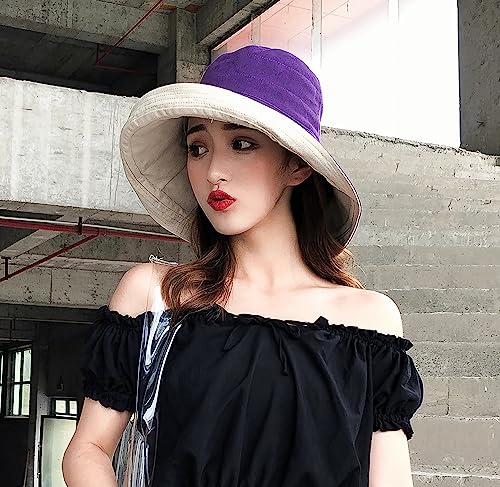 Women Wide Brim Sun Hats Metal Wired Edge Summer UV Protection Beach Fishing Hat for Hiking Garden Travel Chin Strap - color: Lant001-purple, size: One Size