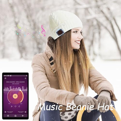 Wireless Music Hat Men Women Beanie Girls Hat Over Ear Headset Sports Stereo Headphone with Microphone Speaker Womens Beanie Cap - color: Knit White