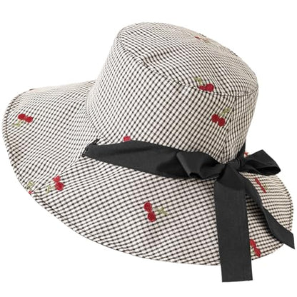 Women's Reversible Bucket Sun Hat with Cherries Embroidered Pattern, UPF 50+ UV Protection, Water Resistant for Beach Hiking - color: Black