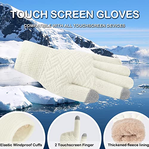 3 Pcs Women Winter Knit Beanie Hat Scarf Touchscreen Gloves Set Warm Soft Thick Fleece Lined Skull Cap with Double Pom Pom - color: White