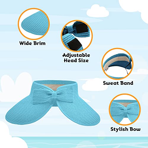Straw Sun Visor for Women, Wide Brim UPF 50+ Protection Beach Hat, Adjustable, Roll Up Foldable Ponytail Cap with Chin Strap - color: Light Blue