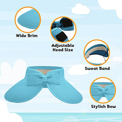 Straw Sun Visor for Women, Wide Brim UPF 50+ Protection Beach Hat, Adjustable, Roll Up Foldable Ponytail Cap with Chin Strap - color: Light Blue