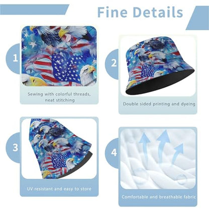 Amasnay Neon Bucket Hat Cotton Double-Side-Wear Reversible Sun Hat for Women Men, Summer Vacation Travel Beach Fisherman Hat - color: American Flag Eagle