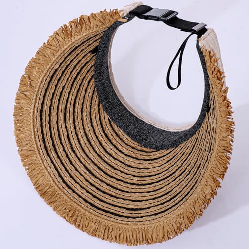 Straw Sun Visor Summer UV Protection Packable Wide Brim Beach Hat Ponytail Women - color: B-black
