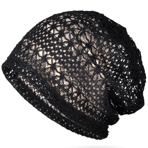 XYIYI Womens Chemo Headwear Hats Cotton Slouchy Beanie Cap Scarf - color: 2pc Lace Mesh Black Beige