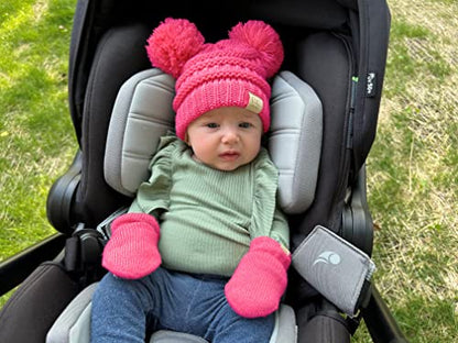 Funky Junque Baby Double Faux Fur Pom Pom Beanie & Mittens Set – Newborn Infant 0–9 Months Winter Hat with Soft Lined Mittens - color: Candy Pink (0-9 Months)