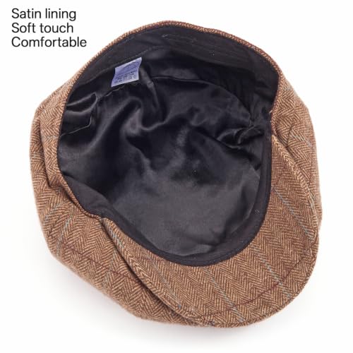 LADYBRO 8 Panel Newsboy Hats for Men Cap Irish Wool Blend Tweed, Adjustable - color: 002 Plaid Brown, size: 7 3/4-8