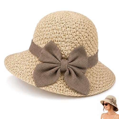 Versatile Woven Straw Sun Hat for Women,Women's Sun Hat,Wide Brim UV Protection Foldable Beach Hat with Bow, Summer Hats - color: Beige