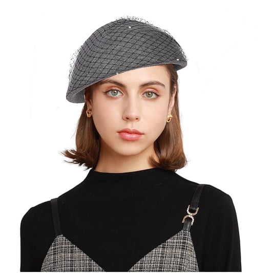 Vintage Wool French Beret Hat with Mesh Veil, Crystal Brooch Accent, Classic Beanie Winter Cap - color: Grey With Mesh Veil