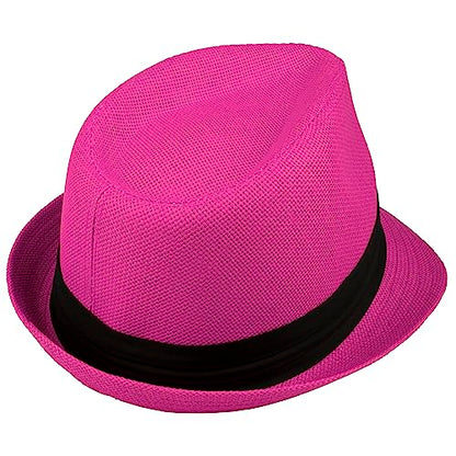 Gelante Summer Fedora Panama Straw Hats with Black Band - color: Pink, size: Small-Medium
