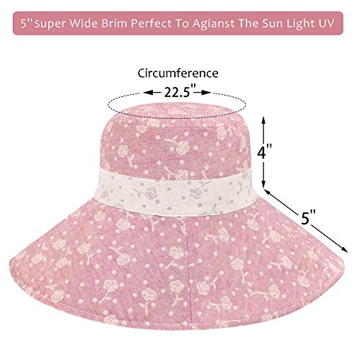 Womens 5'' Super Wide Brim Sun Hats Summer UPF 50+ Beach Hat Foldable Floppy Rose Cap - color: Red