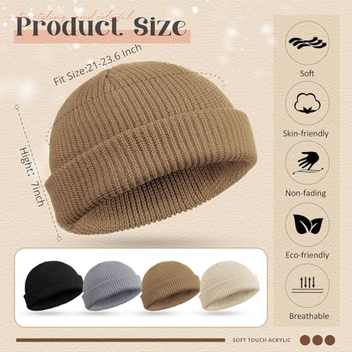 SATINIOR 4 Pieces Trawler Beanie Watch Hat Roll up Edge Skullcap Fisherman Beanie Unisex - color: Black, Light Gray, Khaki, Beige, size: One Size
