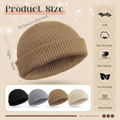 SATINIOR 4 Pieces Trawler Beanie Watch Hat Roll up Edge Skullcap Fisherman Beanie Unisex - color: Black, Light Gray, Khaki, Beige, size: One Size