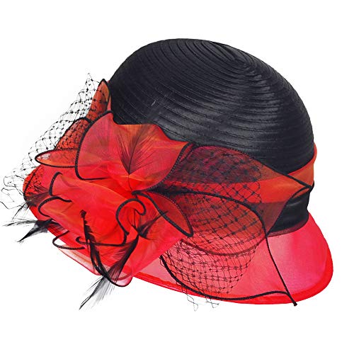 Janey&Rubbins Women's Two-Tone Bowler Cloche Hat for Derby Day, Church, Wedding, Party, Formal Events - color: Red/Black