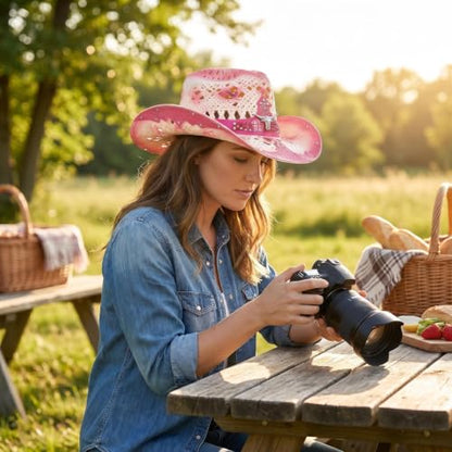 Straw Cowboy Hat for Men Women, Breathable Lightweight - color: Pink-m