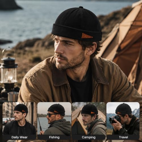 Retro Brimless Docker Cap Rolled Cuff Cotton Beanie Hat - color: Khaki