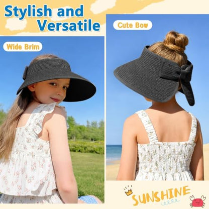 ZOORON Girls Straw Sun Visor Hat, Wide Brim Ponytail Beach Hat with Bow - color: Black