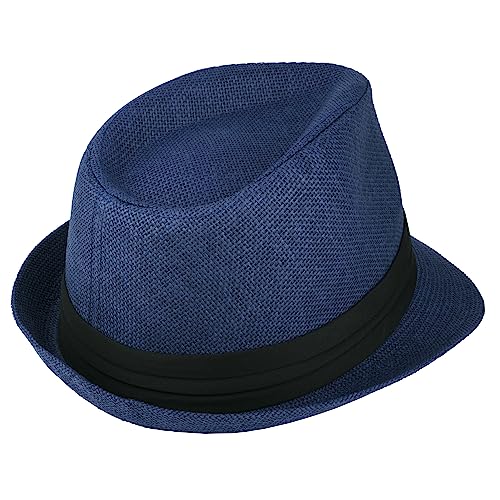 Gelante Summer Fedora Panama Straw Hats with Black Band - color: Navy, size: Small-Medium