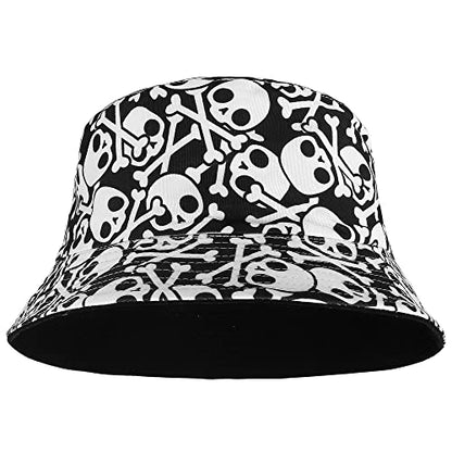 Falari Reversible Bucket Hat for Men Women Summer Travel Beach Outdoor Fishing Hat 100% Cotton - color: J907-white-skull