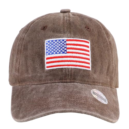 Falari USA Flag Embroidered Baseball Cap, Low Profile Adjustable Dad Hat, 100% Cotton, Pre-Washed - color: Brown