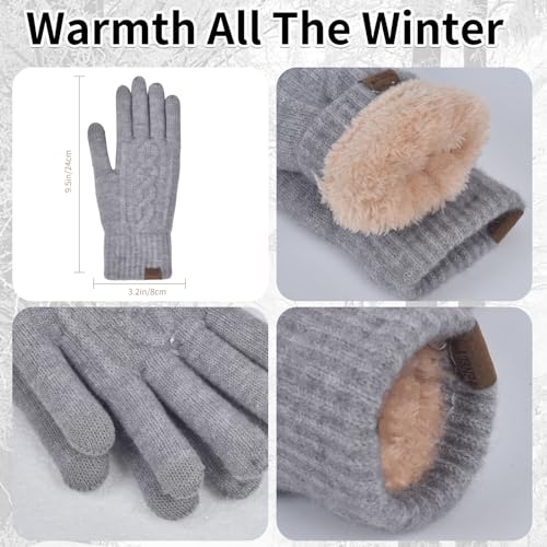 Winter Hat Scarf Gloves Set for Women, Classic Cable Beanie with Removable Pom Pom Long Scarf Touchscreen Gloves 3 in 1 Set - color: Grey