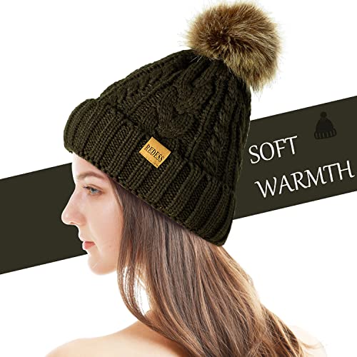 REDESS Women Winter Pompom Beanie Hat with Warm Fleece Lined Thick Slouchy Snow Knit Hat Skull Ski Cap - color: Dark Olive