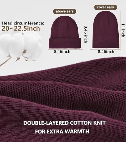 100% Cotton Beanie for Women Men Soft Knit Beanies Warm Winter Hat - color: Wine Red