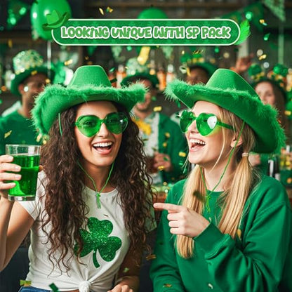 4E's Novelty Cowboy Hat with feathers With Heart Shaped Sunglasses for Women, Felt Cowgirl Hat for Party Costume Dress Up - color: Green