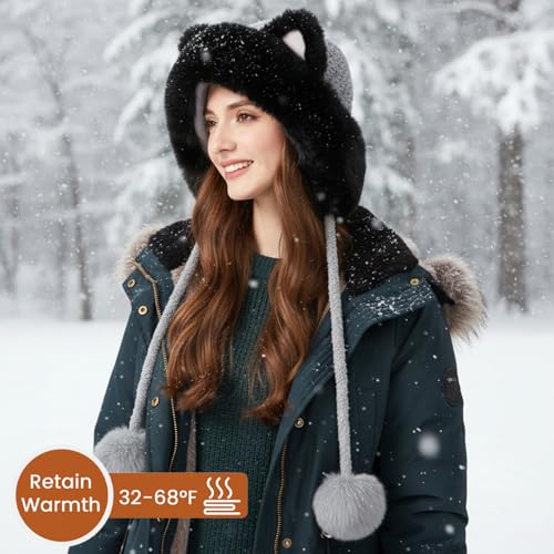 Women Winter Sherpa Beanie Hats Knit Ear Flap Hat Fleece Lined - color: Gray With Ear