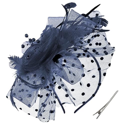 WLBON Fascinators Hat 20s 50s Headband Hair Clips Flower Mesh Veil Feather Headpiece Headwear Women Halloween Carnival Cocktail Wedding Church Cosplay Dress Up Birthday Tea Party Accessories Blue - color: Dark Blue