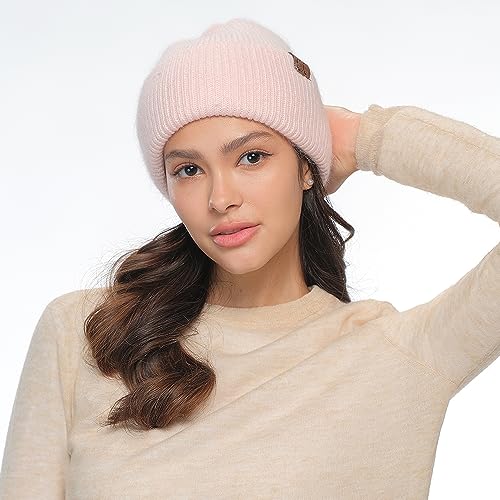 C.C Fuzzy Beanie for Women Unisex - Acrylic Stretchable Soft Warm Knit Winter Skully Hat - color: Angora-pink
