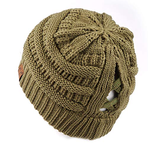 CC Classic Winter Fall Trendy Chunky Stretchy Cable Knit Beanie Hat - color: 0 Criss-cross Olive