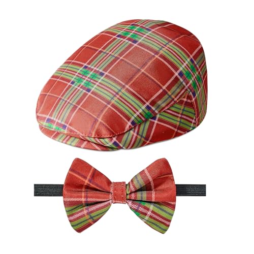 American Trends Baby Boy Newsboy Cap 2 Pack with Bow Tie - color: Christmas Grid, size: 4-8 Years