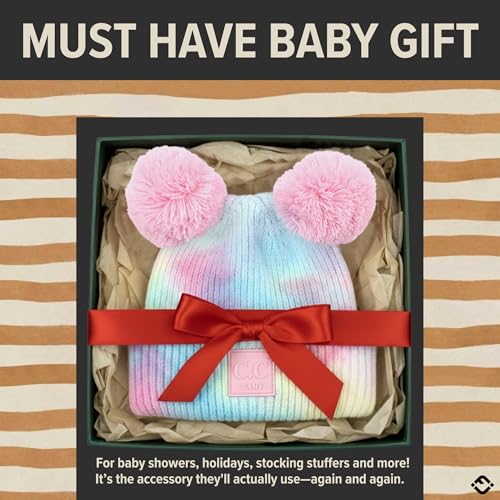 Funky Junque Double Pom Pom Baby Beanie – Newborn Girl Winter Hat 0–12 Months, Cute Cozy Knit Infant Beanies for Cold Weather - color: Tie Dye - Cotton Candy - Double Pom