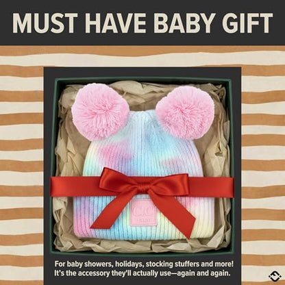 Funky Junque Double Pom Pom Baby Beanie – Newborn Girl Winter Hat 0–12 Months, Cute Cozy Knit Infant Beanies for Cold Weather - color: Tie Dye - Cotton Candy - Double Pom