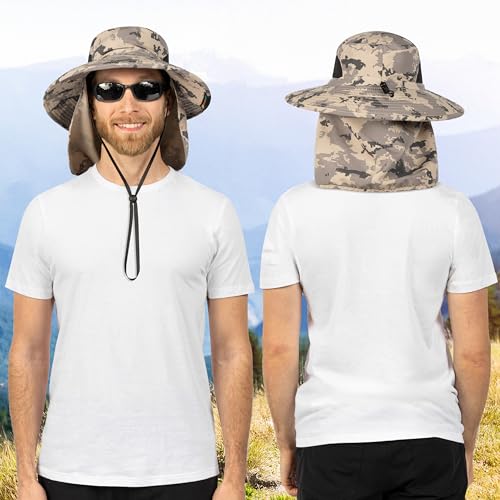SUN CUBE Wide Brim Sun Hat for Men & Women, UPF 50+ UV Protection, Mesh Boonie Hat with Chin Strap, Fishing Hiking Hat - color: Camo Grey With Flap