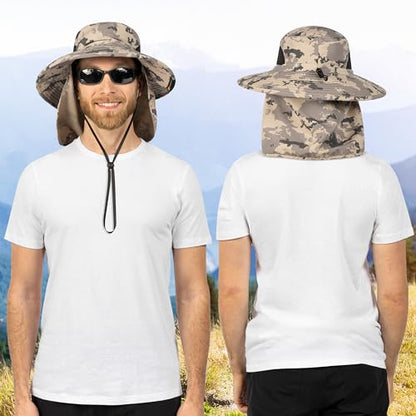SUN CUBE Wide Brim Sun Hat for Men & Women, UPF 50+ UV Protection, Mesh Boonie Hat with Chin Strap, Fishing Hiking Hat - color: Camo Grey With Flap