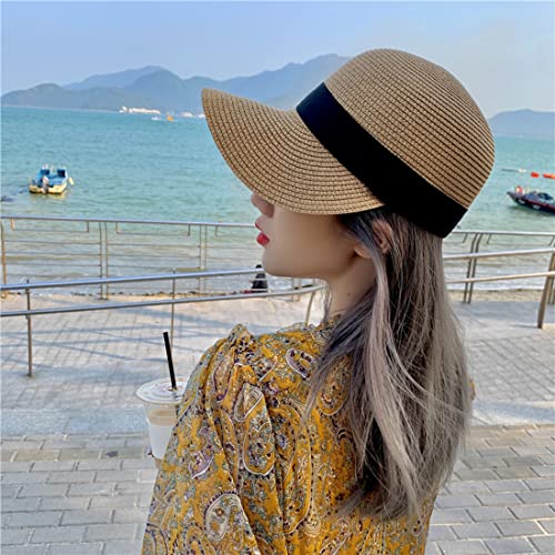 Summer Visor Hats for Women Foldable Floppy Solid Color Straw Sun Hat Travel Beach Baseball Cap - color: Khaki