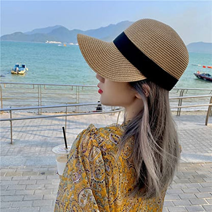 Summer Visor Hats for Women Foldable Floppy Solid Color Straw Sun Hat Travel Beach Baseball Cap - color: Khaki